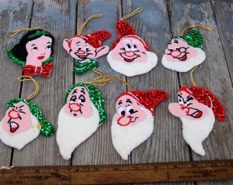 RARE Vintage Snow White & The 7 Dwarves Felt Ornaments w/ Sequins - Handmade - Christmas Decorations - Xmas - Sparkly