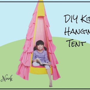 May include: A DIY kids' hanging tent with pink fabric ruffles and yellow accents. A young person sits inside, reading a book. The text "DIY Kids' Hanging Tent" is written in black. The words "Reading Nook" are also visible.