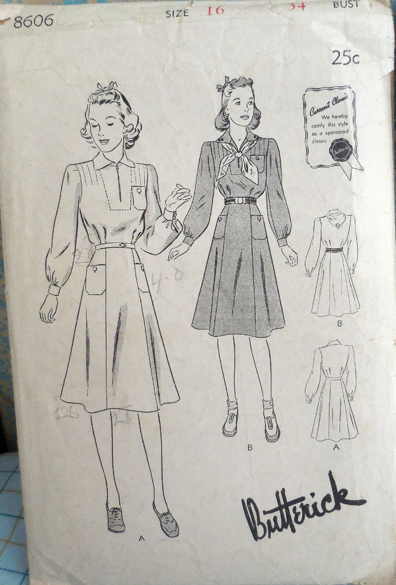 Butterick 8606 - 1930s Official Girl Scout Uniform - Rare Vintage Pattern - Flared Dress, Junior, Intermediate Size 16 (Bust 34) - UNUSED 