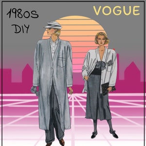May include: An illustration of two figures in 1980s fashion, with the word "VOGUE" in yellow. The figure on the left wears a long grey coat, trousers, and a hat. The figure on the right wears a white jacket, skirt, and holds a black clutch. The background features a sunset.