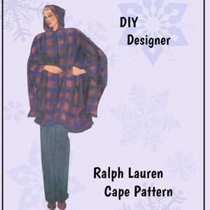 May include: DIY Designer Ralph Lauren Cape Pattern. A woman is wearing a plaid hooded cape with a blue and red pattern. The cape is worn over a pair of dark green trousers.