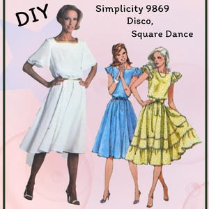 May include: A vintage sewing pattern titled "Simplicity 9869" with the words "Disco, Square Dance" printed on it. The pattern features illustrations of three dresses: a white dress, a blue dress, and a yellow dress.