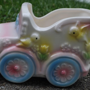 Vintage c. 1950s Car / Truck Planter - Pink, Pastel, Birds - Baby's Room - Container, Storage, Vase - Cute /  Shiny - Nursery - RELPO