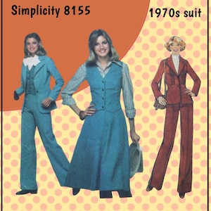 May include: Simplicity 8155 1970s suit sewing pattern envelope featuring illustrations of three outfits: a blue blazer with pants and vest, a blue vest with a long skirt and striped shirt, and a red blazer with matching flared pants and a white turtleneck.