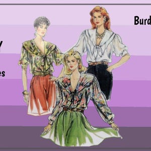 May include: Illustration of three women modeling 1980s blouses. The blouses have a variety of styles, including a white blouse with a tie and a floral print blouse. The text "DIY 80s Blouses" and "Burda 4860" are also visible.