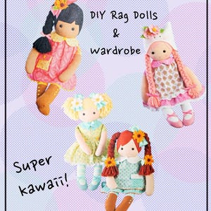 Peut inclure: Quatre poupées de chiffon faites à la main avec des ornements floraux et des robes colorées. Les poupées ont différentes coiffures et tenues, avec le texte "DIY Rag Dolls & wardrobe" et "Super kawaii!" dans l'image.
