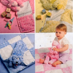 May include: Four different baby blankets with attached stuffed animals. The blankets are made of a soft, fluffy fabric and come in pink, blue, yellow, and white. Each blanket features a different animal, including a pig, a duck, a dog, and a bear. The blankets are perfect for cuddling and comforting babies.