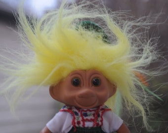 Vintage 1990s Toys N Things Troll - Austrian / German Lederhosen Troll - Yellow Hair - TLC - Cute - Mountain Climbing