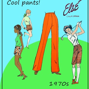 Peut inclure: Illustration d'un pantalon orange des années 1970 à taille haute, et de trois femmes en vêtements vintage. Le texte "Cool pants!" est en haut à gauche, et la marque "Else California" en haut à droite. Le texte "1970s" est en bas.