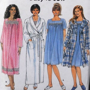 May include: Four different sewing patterns for nightgowns and robes. The patterns are shown on four women wearing the finished garments. The patterns are labeled A and B. The text "easy to sew" is at the top of the image.