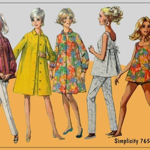 May include: Illustration of five women in vintage clothing. The outfits include a striped shirt, a yellow coat, a floral coat, a white top with pants, and a floral top. The text "DIY" and "Simplicity 7652" are visible.