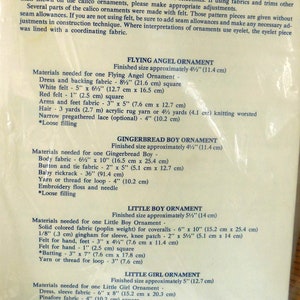 May include: A vintage instruction sheet titled "Tree Trimmers 1" with detailed instructions for making Christmas ornaments. The sheet lists materials like felt, fabric, and yarn, with measurements in inches and centimeters. Includes instructions for angel, gingerbread boy, and little boy and girl ornaments.