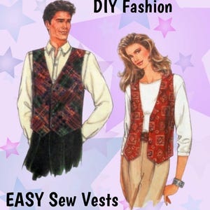 Könnte beinhalten: Eine Schnittmuster-Illustration mit dem Titel DIY Fashion EASY Sew Vests, die zwei Westenmodelle zeigt. Eine Weste hat ein grün-rotes Schottenmuster, die andere ist rot mit einem geometrischen Rautenmuster, beide über langärmeligen Oberteilen getragen.