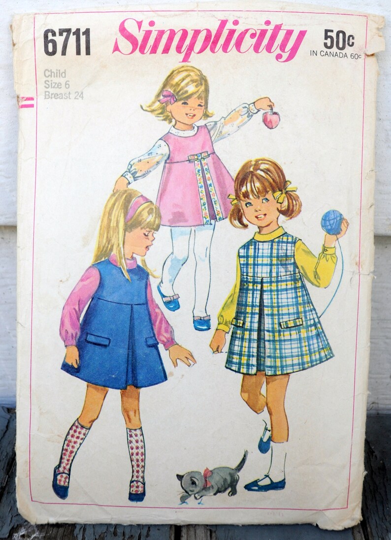 Simplicity 6711 Cute Girls' DIY 1960s Jumper Dress Mod Blouse Too Easter Dress, Party Dress A-line Kawaii Size 6 Bust 24 image 3
