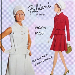 May include: Two women wearing 1960s mod outfits. The woman on the left is wearing a white sleeveless dress with a belt and a white hat. The woman on the right is wearing a red dress with a white belt and a white hat. The text "Fabiani of Italy" and "1960s MOD" is visible in the image.