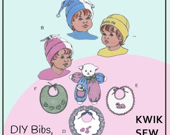Kwik Sew 2548 - DIY Cute Hats, Bibs, and Doll for Babies - Girls or Boys - Lamb Doll - Stuffed Animal - Vintage 1980s - UNCUT
