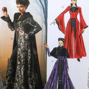 May include: A sewing pattern featuring three costume designs. One design is a long black coat with a white floral pattern, another is a long red dress with flared sleeves, and the third is a purple coat with a black cape.