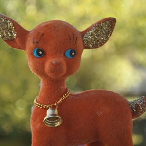 Vintage Red Flocked Reindeer w/ Chain Bell Necklace  - Made in Japan - 1960s