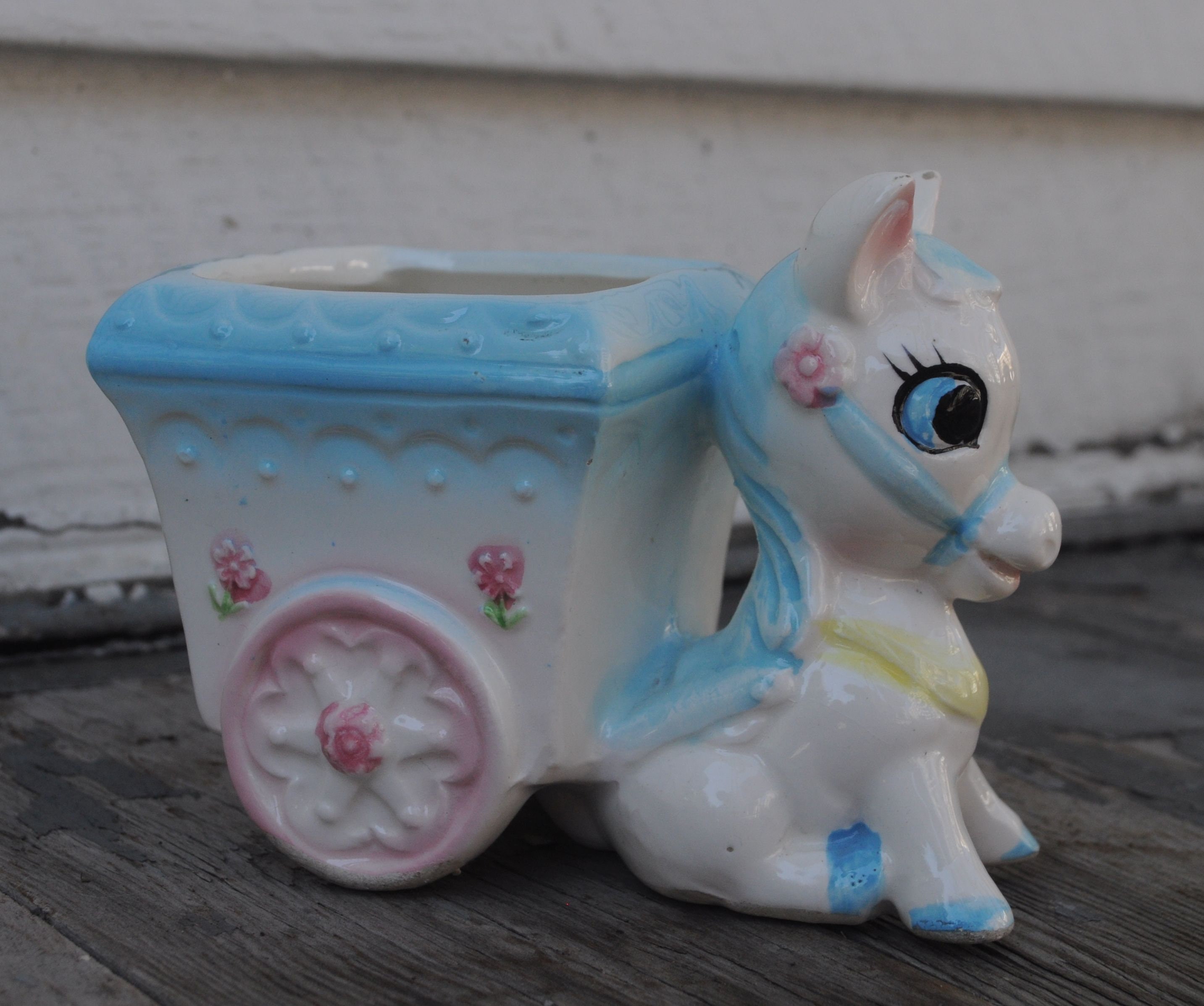 Vintage c. 1950s Donkey and Cart Planter / Blue & Pink, Pastel, Baby's Room - Container, Storage, Vase - Cute - Nursery