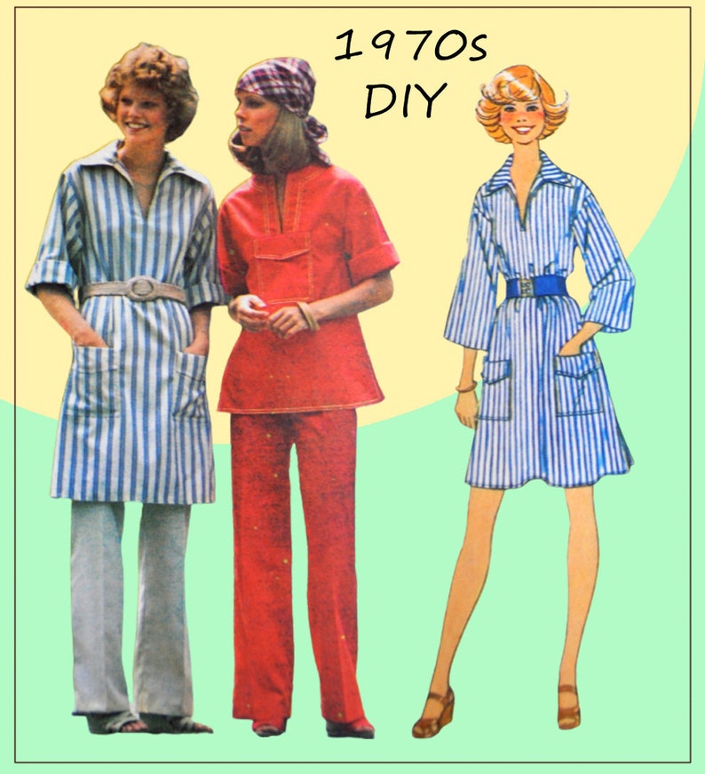 Simplicity 7250 Cute Easy Sew 1970s Dress, Tunic, Pants, Etc. Pockets, Boho / Hippie Size 10 Bust 32.5 UNCUT Shirtdress image 1