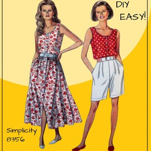 May include: A vintage sewing pattern illustration showing two women in summer outfits. One wears a floral print dress, the other a polka dot top and white shorts. The text "DIY EASY!" and "Simplicity 8356" are visible.