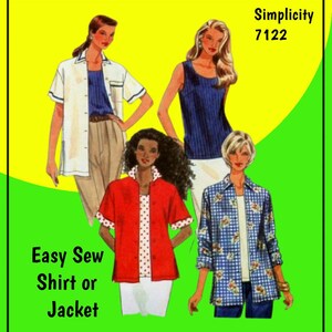 May include: Simplicity 7122 sewing pattern for an easy sew shirt or jacket. The illustration displays four variations of tops, including a white collared shirt, a blue tank top, a red button-down jacket with polka dots, and a blue floral print shirt.
