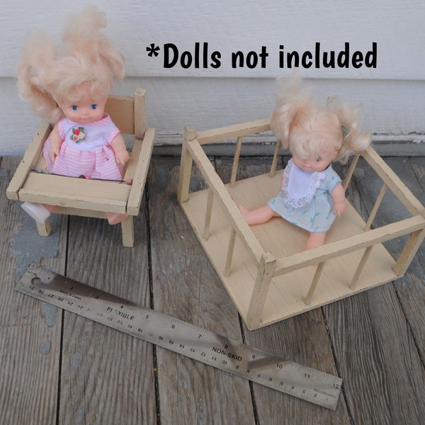 Vintage c. 1940s / 1950s Handmade Wooden Doll Furniture - Playpen & High Chair - Very Cute - Ginny Doll, Suzy Cute, Small Dolls