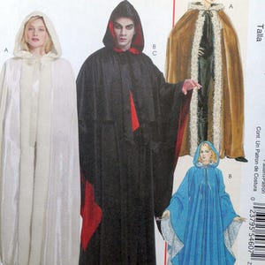 May include: A costume pattern showing hooded capes in different designs. The image includes a white satin cape, a black cape with red lining, a brown cape with faux fur trim, and a blue cape with white trim.