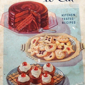 May include: A retro advert showcasing baked treats. A chocolate cake, cookies, and cupcakes with cream and cherries are shown. The text reads "Good things to Eat" and "Kitchen Tested Recipes". The image is an advertisement for Arm & Hammer Baking Soda.