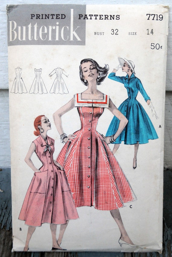 Buy Butterick 7719 Gorgeous 1950s Full skirt Button front Dress