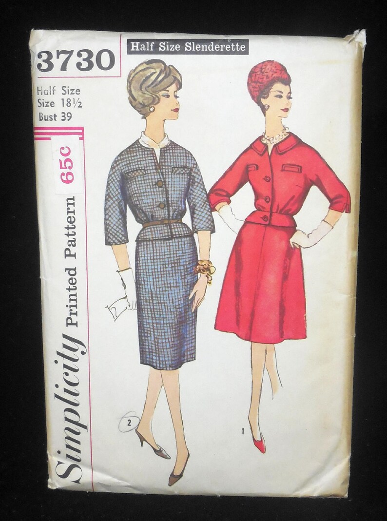 Simplicity 3730 Vintage 1950s Suit Pattern Curvy Plus Mad Men Fashion Slim or Flared Skirt Pinch Waist Size 18.5 Bust 39 UNCUT image 2