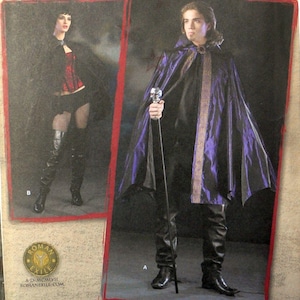 May include: Costume pattern featuring two figures in gothic attire. One figure wears a purple cape with gold trim and holds a cane. The other figure wears a black cape and a red corset. The pattern is from Roman Exile.