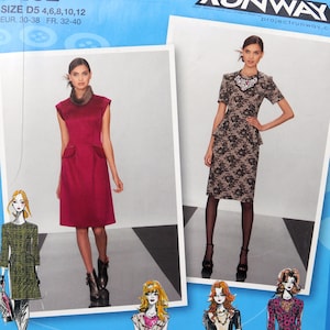 May include: A fashion design pattern featuring two dress designs. One is a sleeveless, knee-length red dress with pockets. The other is a short-sleeved, knee-length dress with a black floral lace overlay. The pattern includes size information.