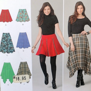 May include: Image of a sewing pattern with different skirt designs. The skirts include a red flared skirt with decorative trim, a floral print skirt, a blue pleated skirt, and a plaid skirt. The image also shows a woman wearing a red skirt.