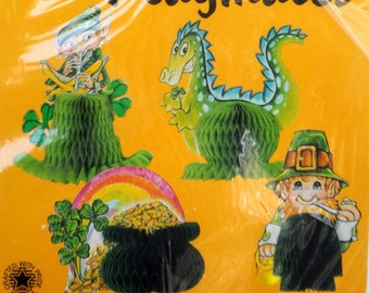 Vintage 1970s Beistle St. Patrick Playmates - Honeycomb Decorations - Leprechaun, Pot O Gold, Dragon - Table Decor - NRFP Old Store Stock