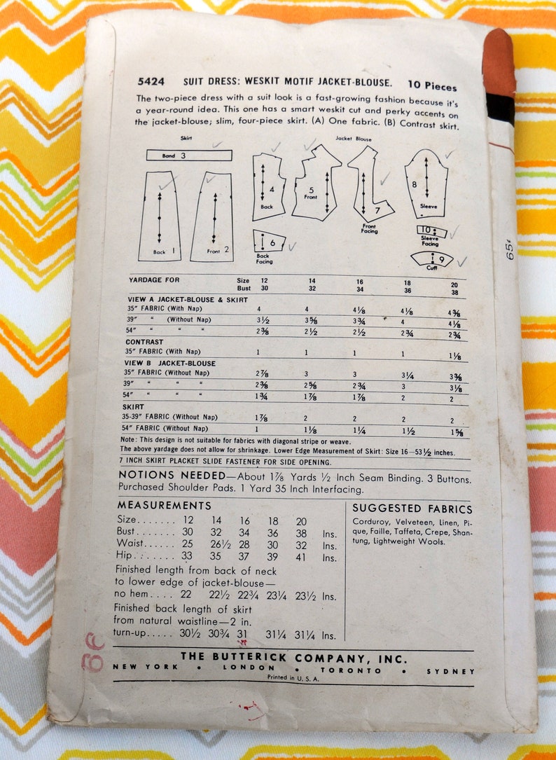 Amazing 1950s Suit Hollywood Glam Butterick 5424 Wiggle Dress Skirt Weskit Style Size 18 - Hourglass Bust 36 DIY Retro