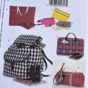 May include: A sewing pattern for a variety of bags, including a backpack, a tote bag, a duffel bag, a bum bag, and a small pouch. The pattern includes instructions for making each bag, as well as a list of materials needed. The pattern is printed on a white background with black text and illustrations.
