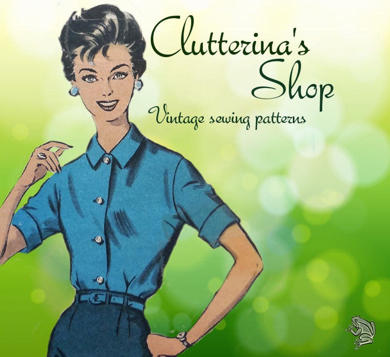 May include: Illustration of a woman wearing a teal button-down shirt and dark blue pants. The image has the text "Clutterina's Shop" and "Vintage sewing patterns" in a cursive font. The background is a gradient of green and white.