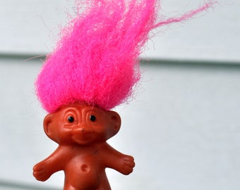 Vintage 1990s Troll Pencil Topper - TINY Miniature - 1.25" - Pocket Size - Hot Pink Hair - Cute - Kawaii - Gift Idea - Made in Korea