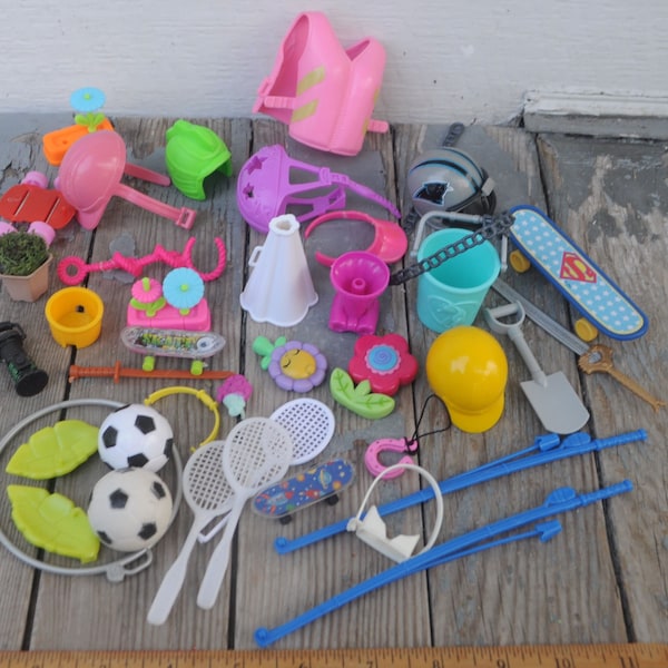 Lot Vintage 1980s / 1990s Sporty / Outdoorsy Barbie Accessories - Life Jacket, Skateboard, Helmets, Visor, Fishing Pole, Soccer Ball, Etc.