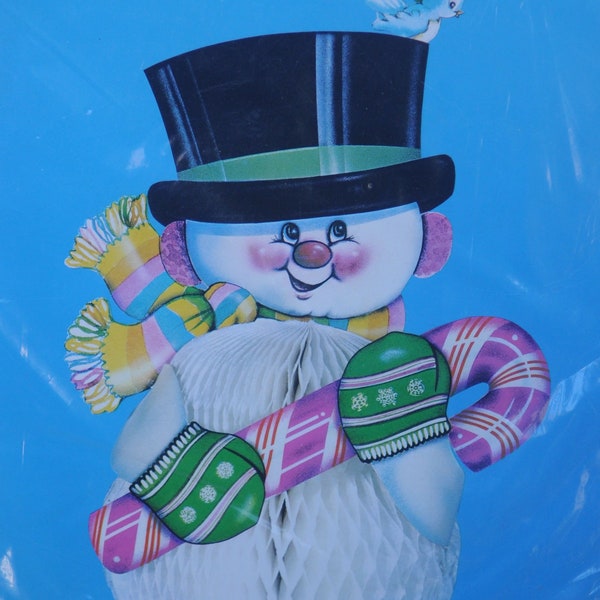 Vintage 1980s Snowman Art-Tissue Centerpiece  - Honeycomb Decorations - Christmas / Xmas / Winter - Table Decor - NRFP Old Store Stock