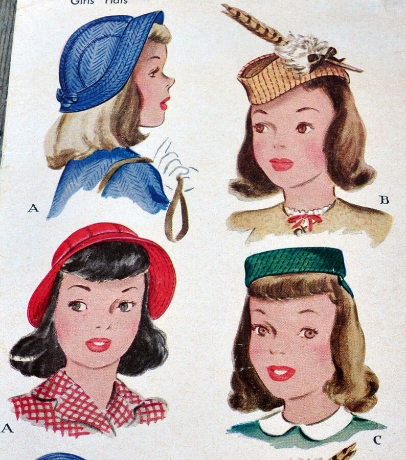 McCall 1204 Girls / Tweens 1940s Hats DIY Pillbox, Feathered Cap, Pancake, Bonnet, Cloche w/ Brim Head Size 21 Costume image 6