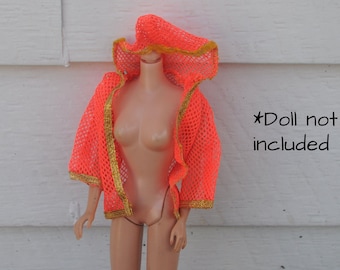 Vintage c. 1970 Living Barbie Doll Net Beach Jacket / Original Outfit - Mattel - Cover-Up - Fashion Doll Clothes - #1116 - Neon Orange