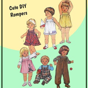 May include: A vintage sewing pattern for making cute DIY rompers for children. The pattern includes five different styles of rompers, with various colors and patterns. The pattern is illustrated with drawings of children wearing the rompers.