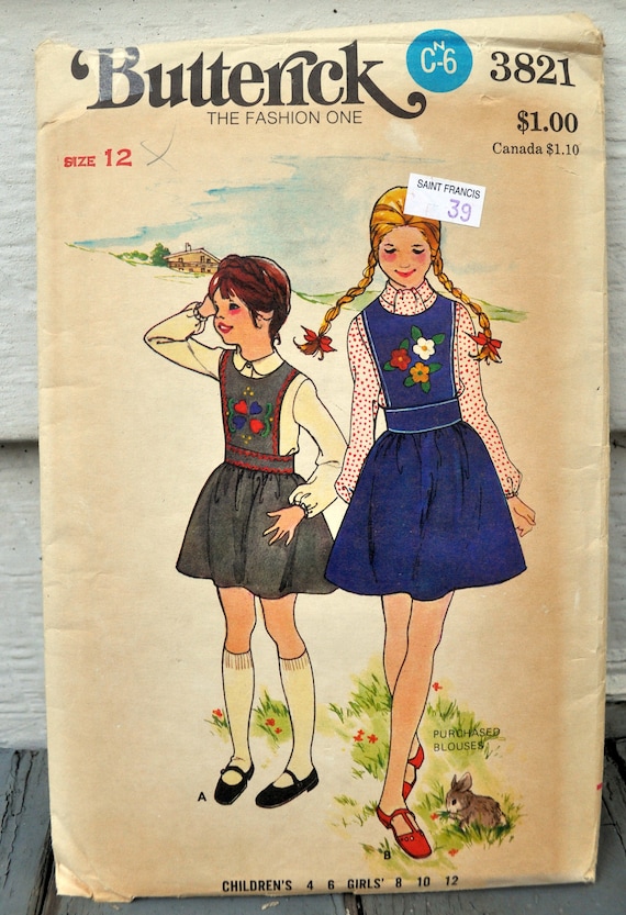 Butterick 3821 - Cute Girls' / Tweens' Jumper Dress W/ Applique or Embroidery - Vintage 1970s - Size 12 (bust 30) - Cute, Kawaii, DIY - Etsy Butterick 3821 - Cute Girls' / Tweens' Jumper Dress W/ Applique or Embroidery - Vintage 1970s - Size 12 (bust 30) - Cute, Kawaii, DIY - Etsy