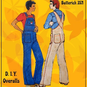 Op de afbeelding: Illustratie van twee mensen die overalls dragen. Eén persoon draagt ​​blauwe denim overalls met een rood t-shirt, de ander beige overalls met een blauw geruit overhemd. De tekst "Butterick 3571" en "D.I.Y. Overalls" zijn zichtbaar.
