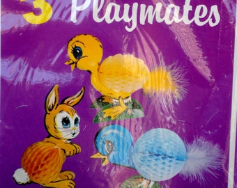 Vintage 1970s Beistle Easter Playmates - Honeycomb Decorations - Chicks, Bunny - Easter Bunny - Table Decor - NRFP Old Store Stock