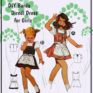 May include: DIY Burda Dirndl Dress for Girls sewing pattern featuring two girls wearing dirndl dresses. One girl is wearing a red and white checkered dress with a white apron and the other girl is wearing a black and white polka dot dress with a black apron. Both dresses have white blouses with puffed sleeves.