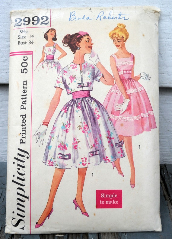 Simplicity 2992 Adorable 1950s Fit & Flare Dress DIY Rockabilly / Prom /  Easter Dress Bolero Jacket Feminine Size 14 bust 34 