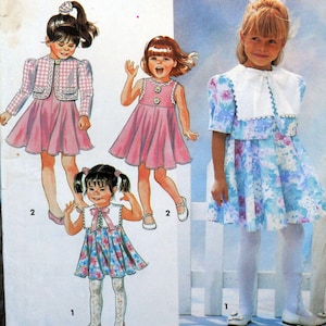 May include: Illustration of three girls' dresses. One dress is pink with a matching jacket. Another is a pink sleeveless dress. The third dress is blue with a floral pattern and a white collar. All dresses have a skirt.